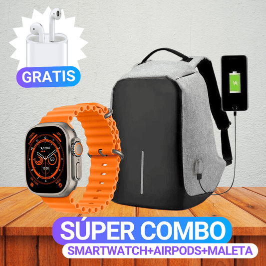 Combo Maleta Antirrobo Usb + Reloj Inteligente Ultra 8 + AirPods® ÚLTIMAS UNIDADES🚨